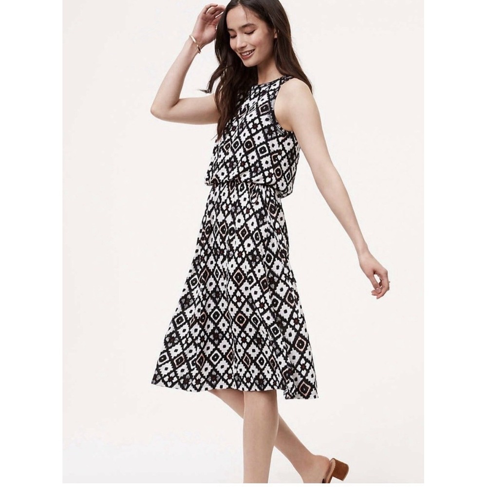 LOFT Women's Black White Diamond Print Blouson Dress Tie Waist Size Small
